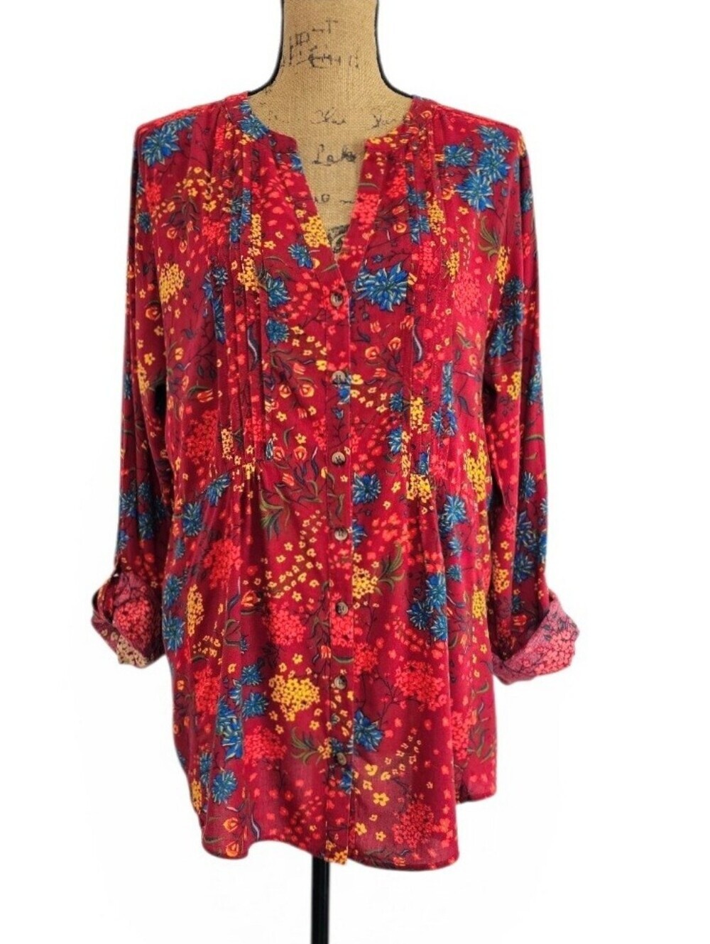 Anthropologie Maeve Floral Pintuck Red Boho Peasant Top Roll Tab Sleeve, Size XL